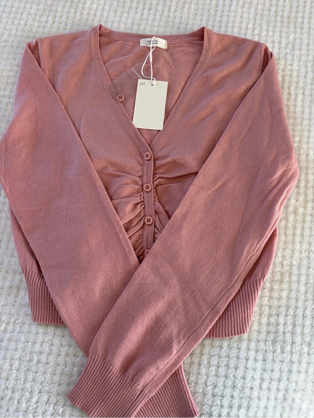 Active USA Dusty Rose Ruched Button V-Neck Cardigan